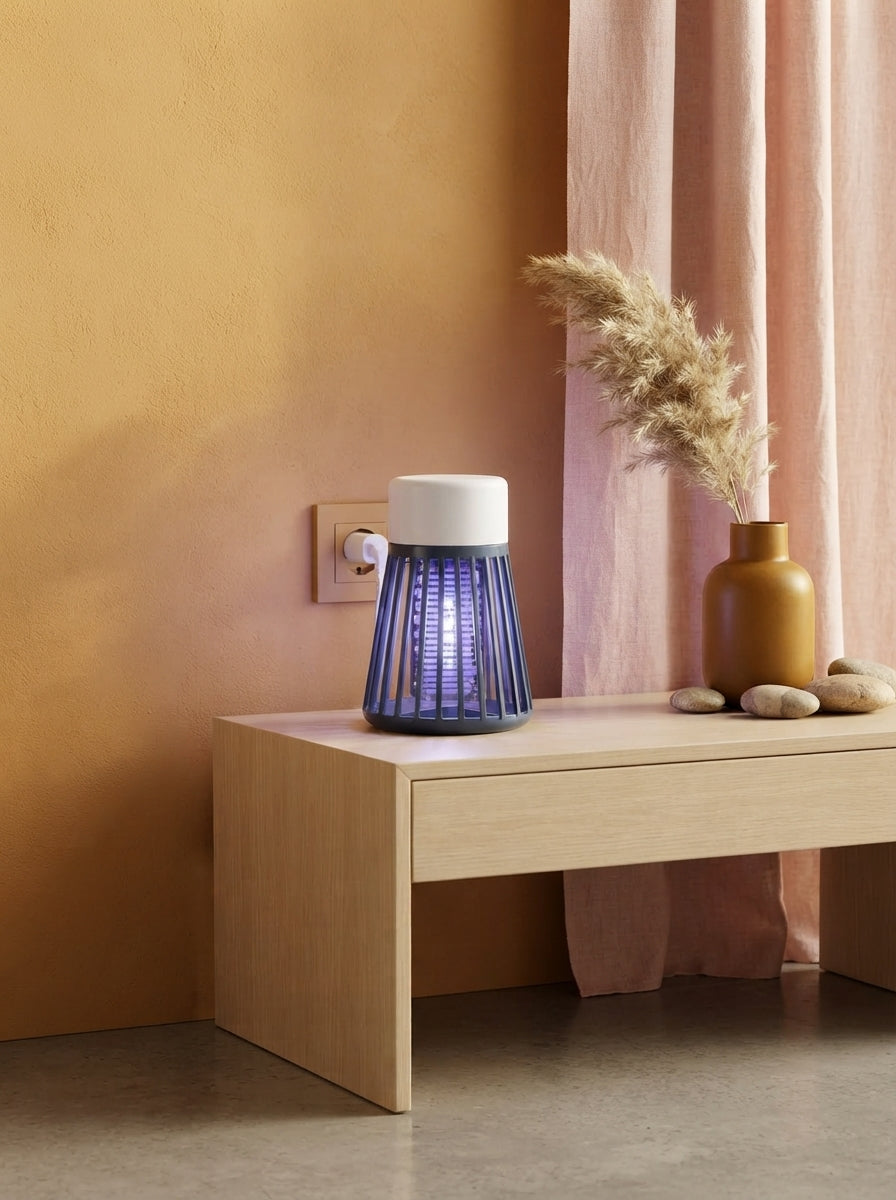 Blue Hole Mosquito Lamp glowing gently on a side table in a modern, warm-toned Indian living room.